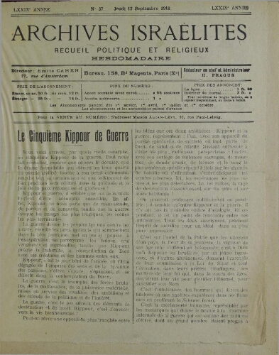 Archives israélites de France. Vol.79 N°37 (12 sept. 1918)
